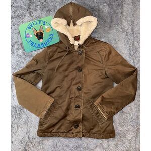 Vintage J Crew 100% Cotton Brown Barn Coat with 3 Way Sherpa Hood - Womens Large